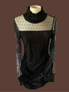 Black Velvet Mesh Mini Dress with High Ruffle Neck